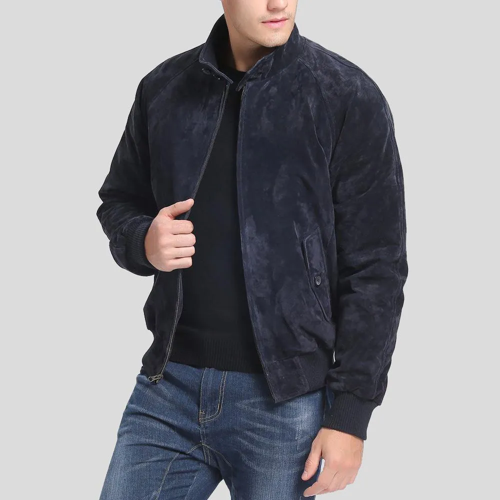 Admiral Navy Blue Suede Bomber Leather Jacket