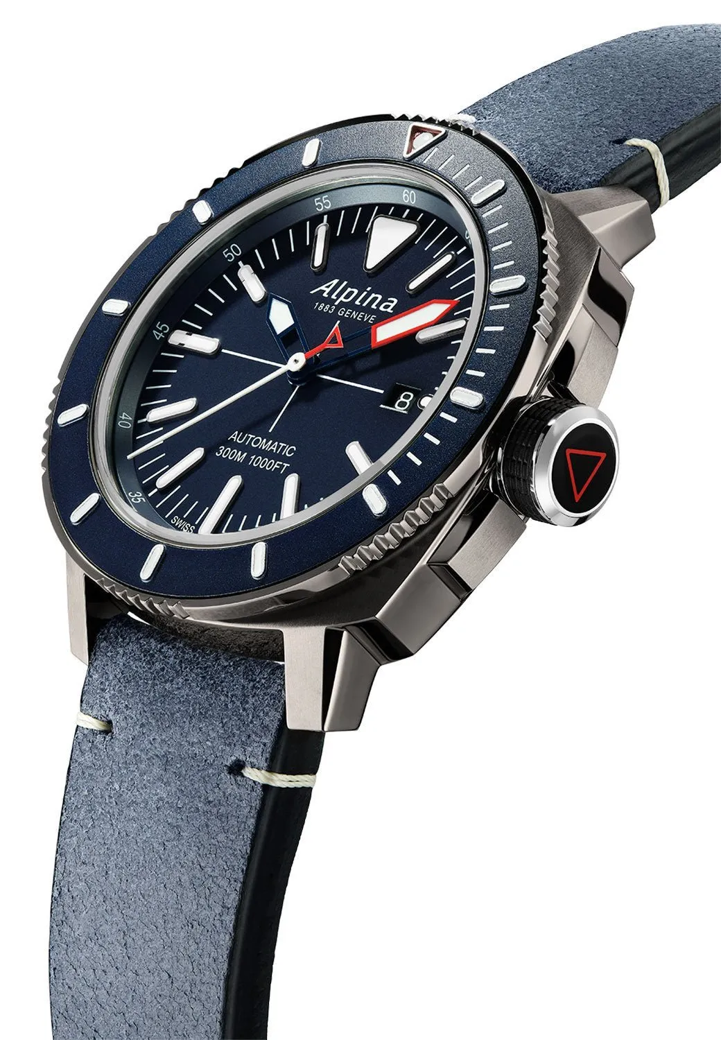 Alpina Seastrong Diver 300 Automatic Titanium PVD Case Blue Leather Strap Blue Dial Interchangeable Blue Rubber Strap Date Mens Watch AL-525LNN4TV6