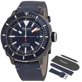 Alpina Seastrong Diver 300 Automatic Titanium PVD Case Blue Leather Strap Blue Dial Interchangeable Blue Rubber Strap Date Mens Watch AL-525LNN4TV6