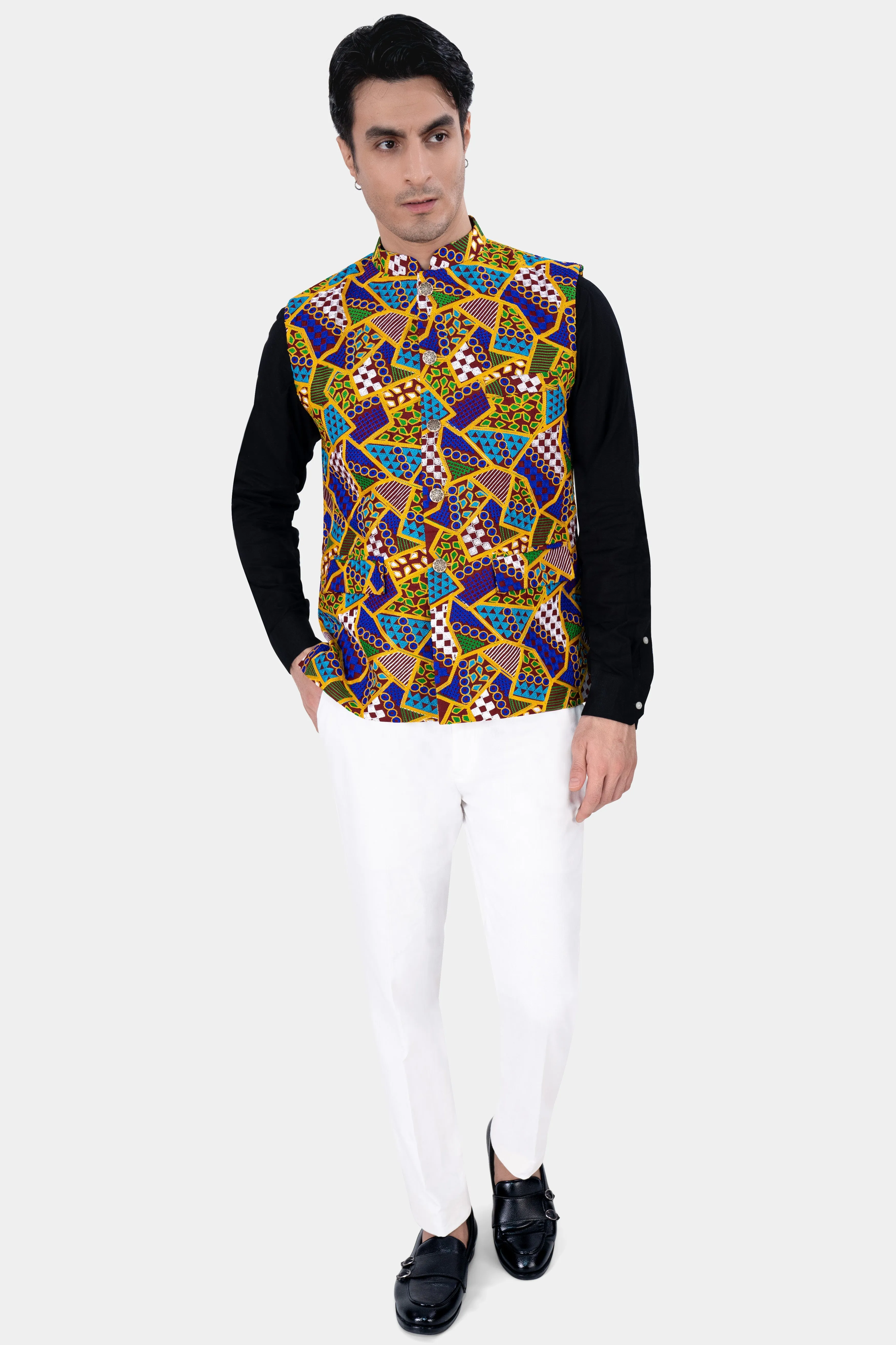 Amber Yellow with Cobalt Blue Multicolour Cotton Thread Embroidered Nehru Jacket