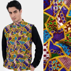 Amber Yellow with Cobalt Blue Multicolour Cotton Thread Embroidered Nehru Jacket