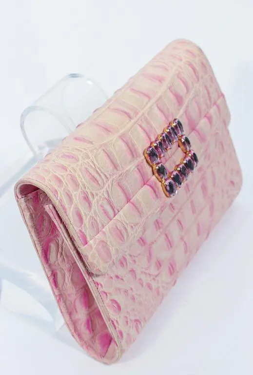 ANDREA PFISTER Pink and White Crocodile Embossed Leather Clutch with Rhinestone