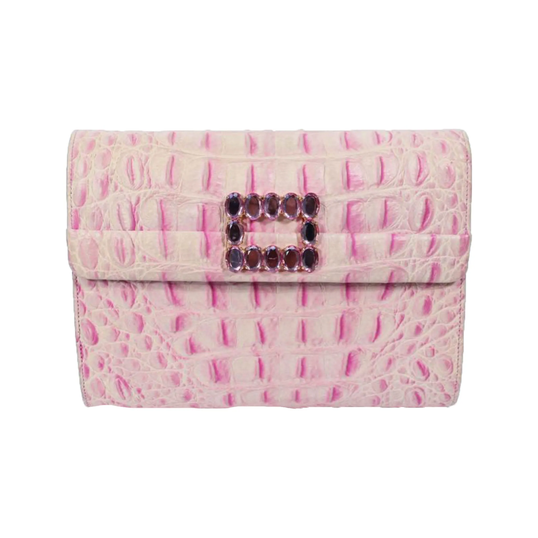 ANDREA PFISTER Pink and White Crocodile Embossed Leather Clutch with Rhinestone