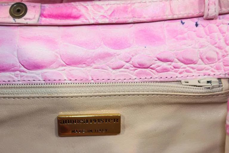 ANDREA PFISTER Pink and White Crocodile Embossed Leather Clutch with Rhinestone