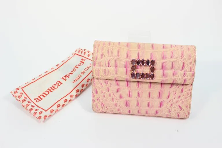 ANDREA PFISTER Pink and White Crocodile Embossed Leather Clutch with Rhinestone