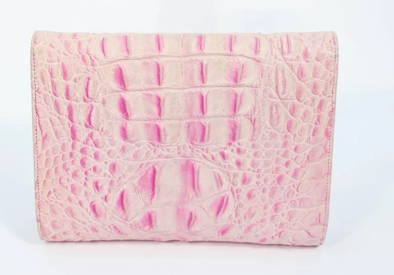 ANDREA PFISTER Pink and White Crocodile Embossed Leather Clutch with Rhinestone