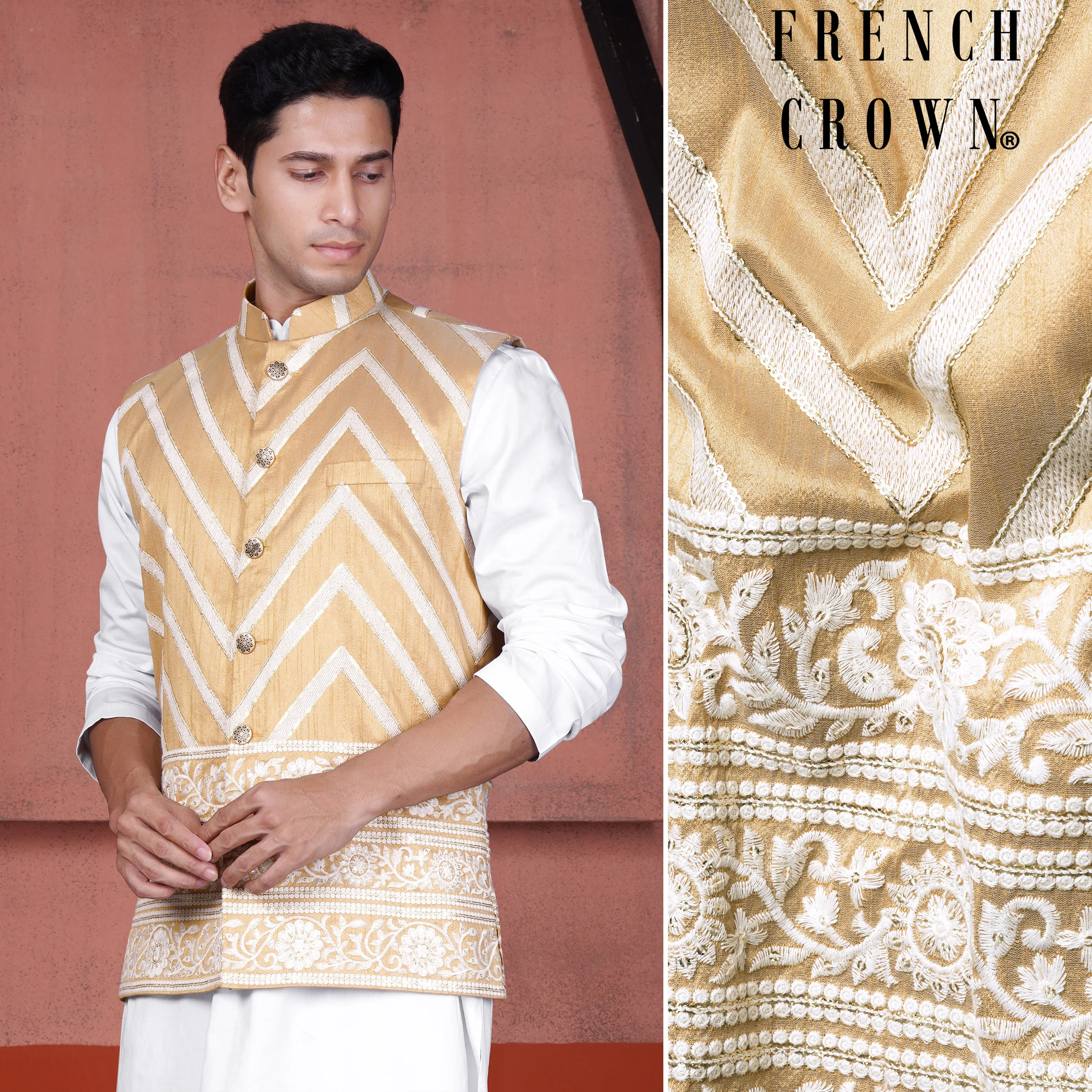 Antique Brown and Merino Cream Zig Zag Cotton Thread Embroidered Designer Nehru Jacket