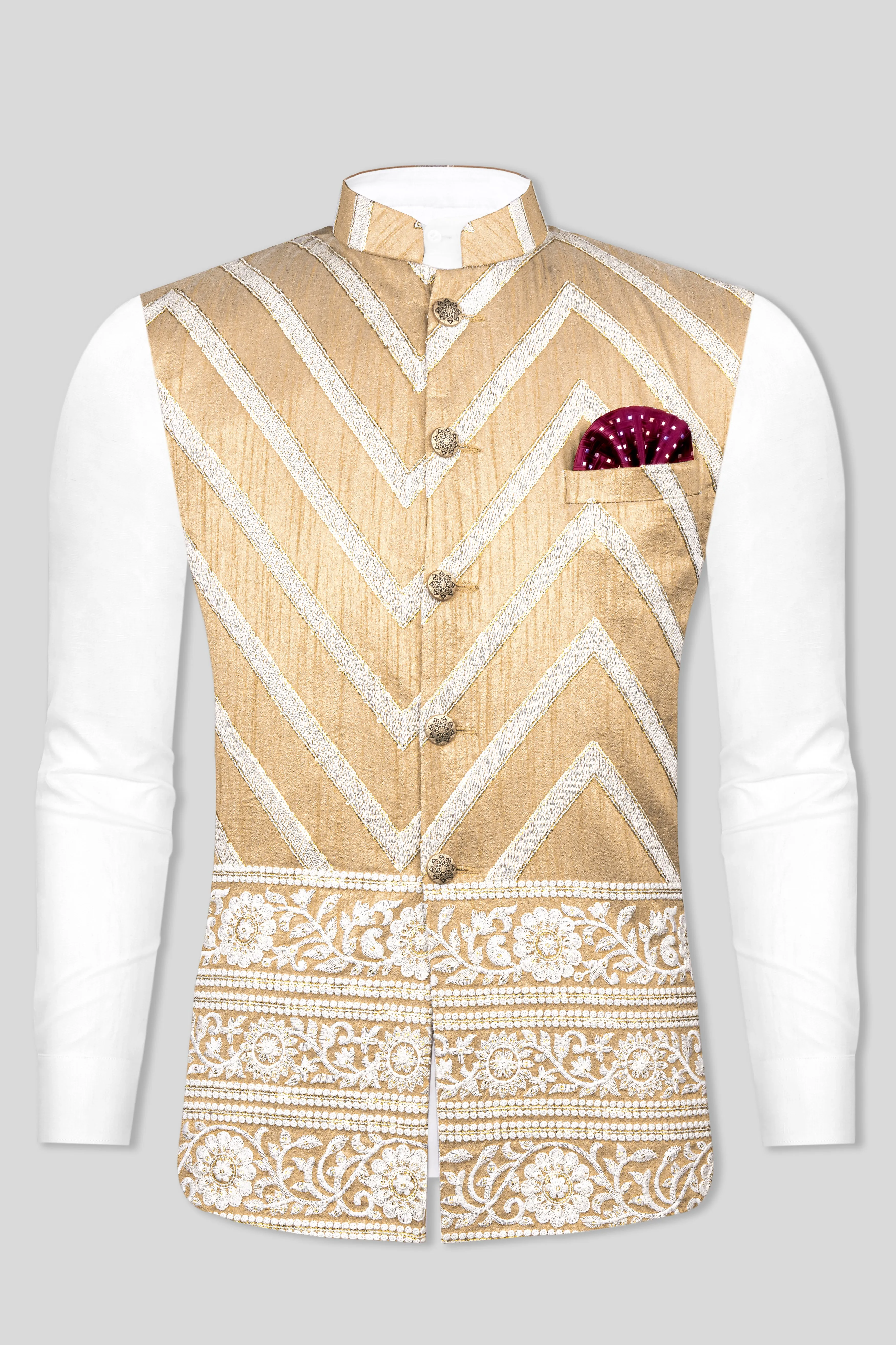 Antique Brown and Merino Cream Zig Zag Cotton Thread Embroidered Designer Nehru Jacket