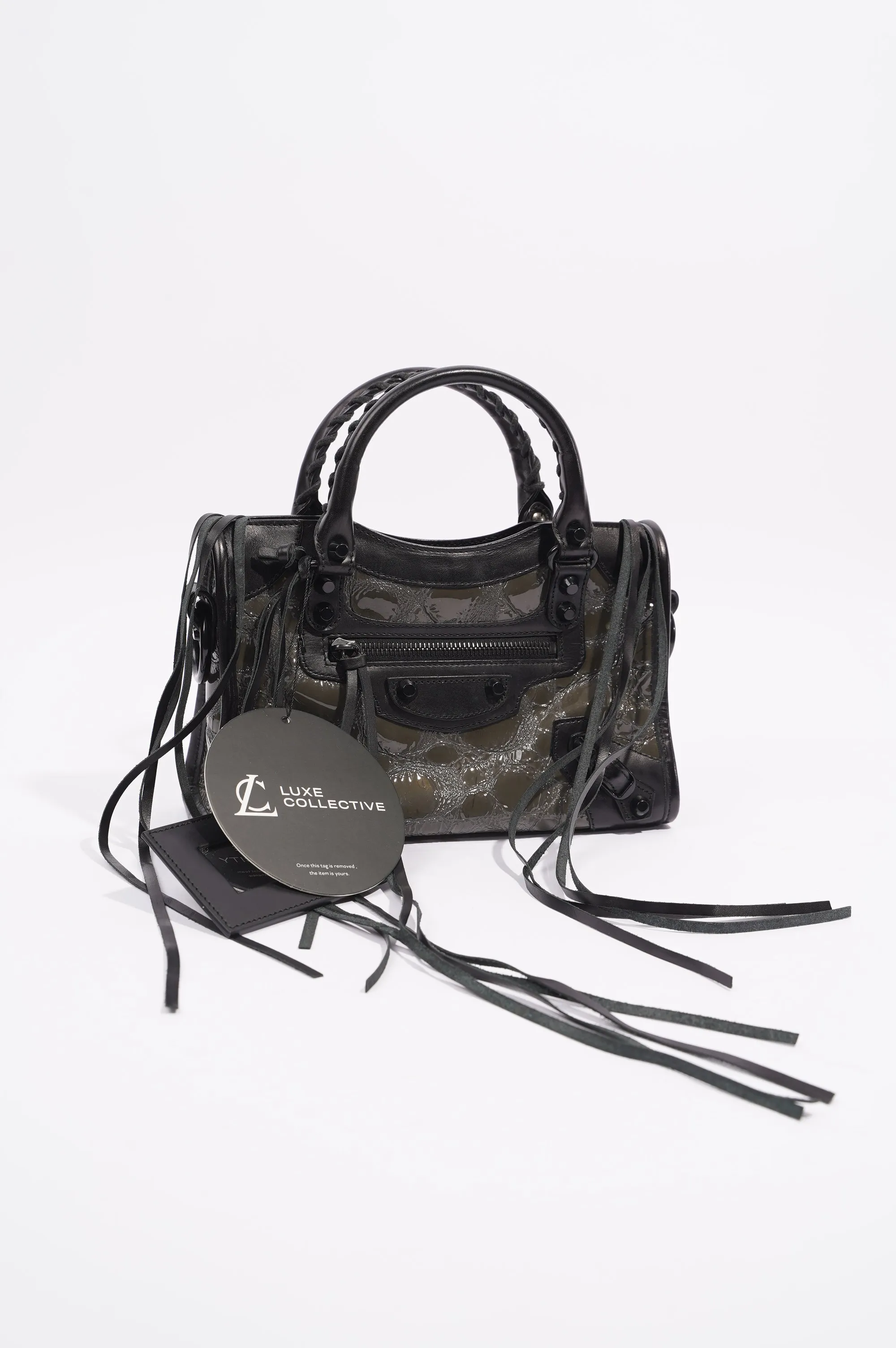 Balenciaga Womens Patent Leather Motorcycle Mini City Bag Grey / Black