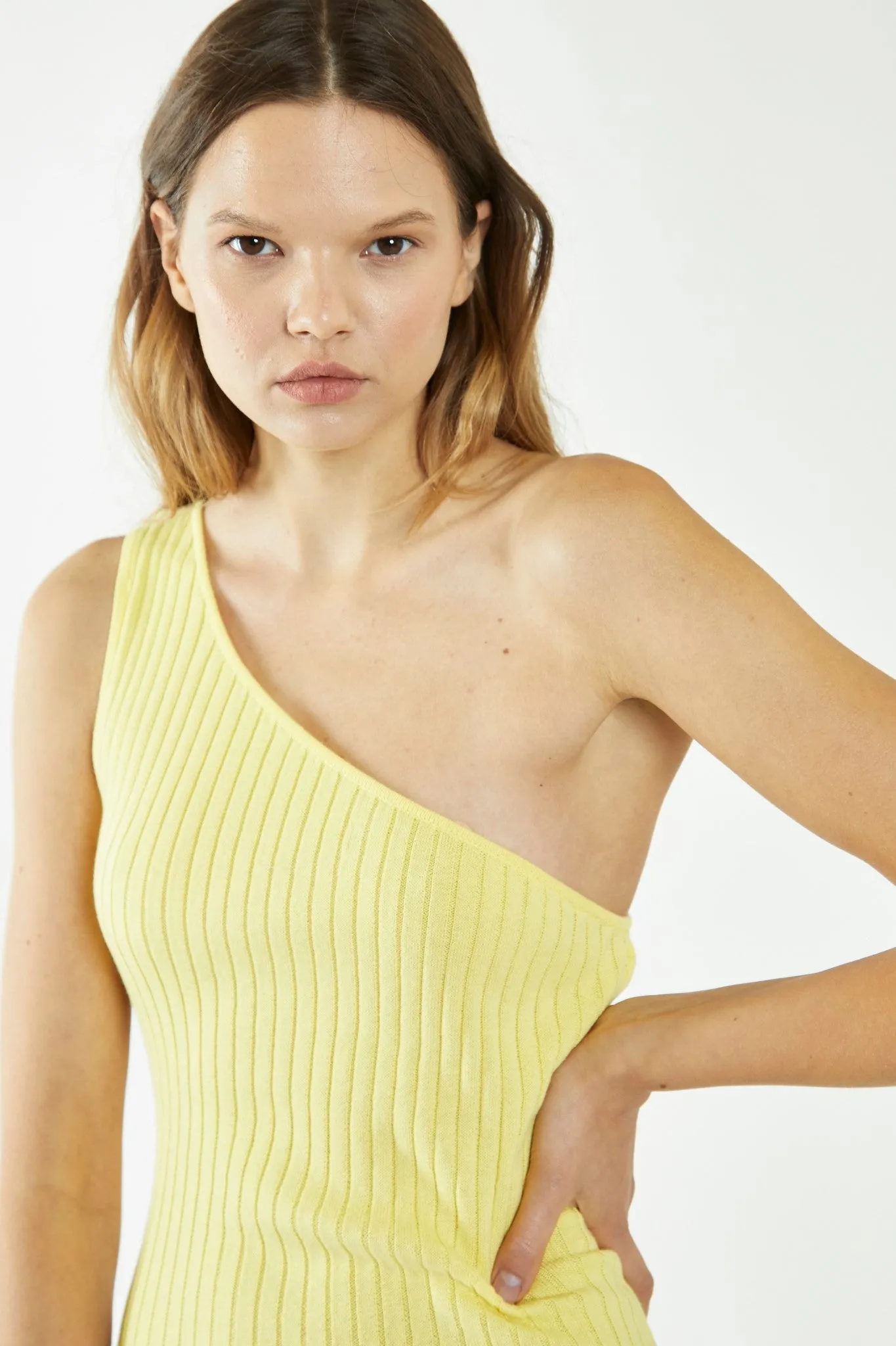 Banana-Yellow Rib-Knit Asymmetric Midi Dress