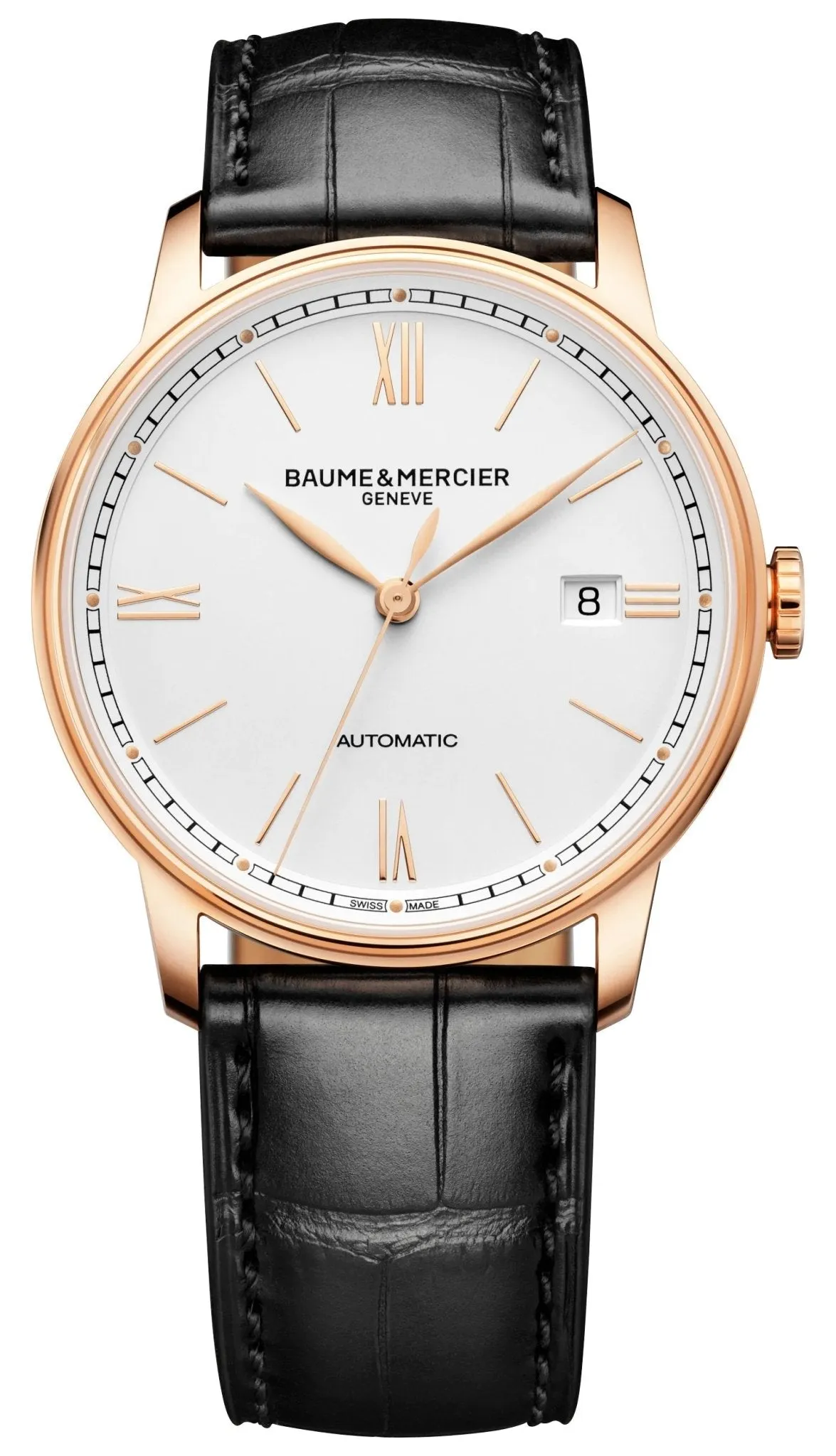 Baume & Mercier Classima Automatic 18K Pink Gold & Titanium Silver Dial Black Leather Strap Date Mens Watch M0A10597