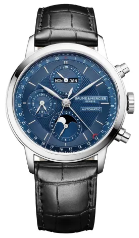 Baume & Mercier Classima Automatic Chronograph Blue Dial Black Leather Strap Moonphase Day-Date Month Mens Watch MOA10484