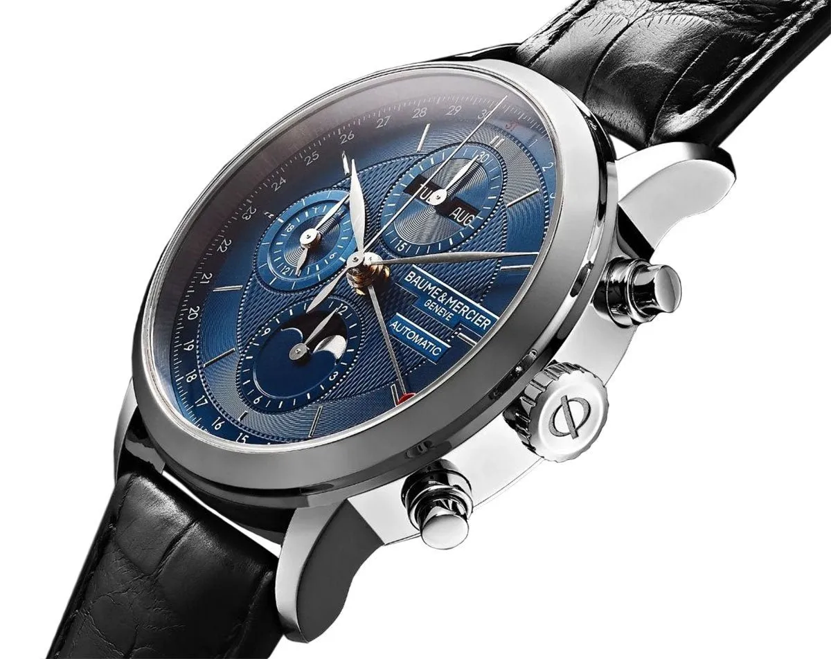 Baume & Mercier Classima Automatic Chronograph Blue Dial Black Leather Strap Moonphase Day-Date Month Mens Watch MOA10484