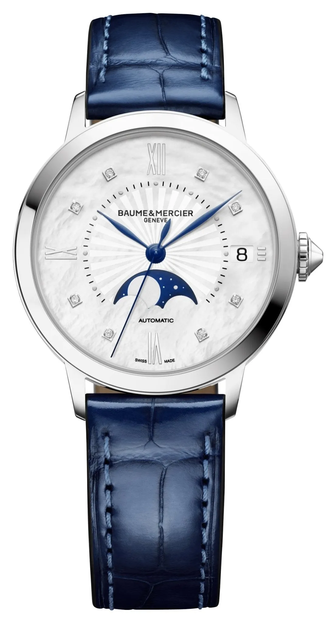 Baume & Mercier Classima Automatic Stainless Steel Mother-Of-Pearl Dial Diamonds Blue Leather Strap Moonphase Date Womens Watch M0A10633