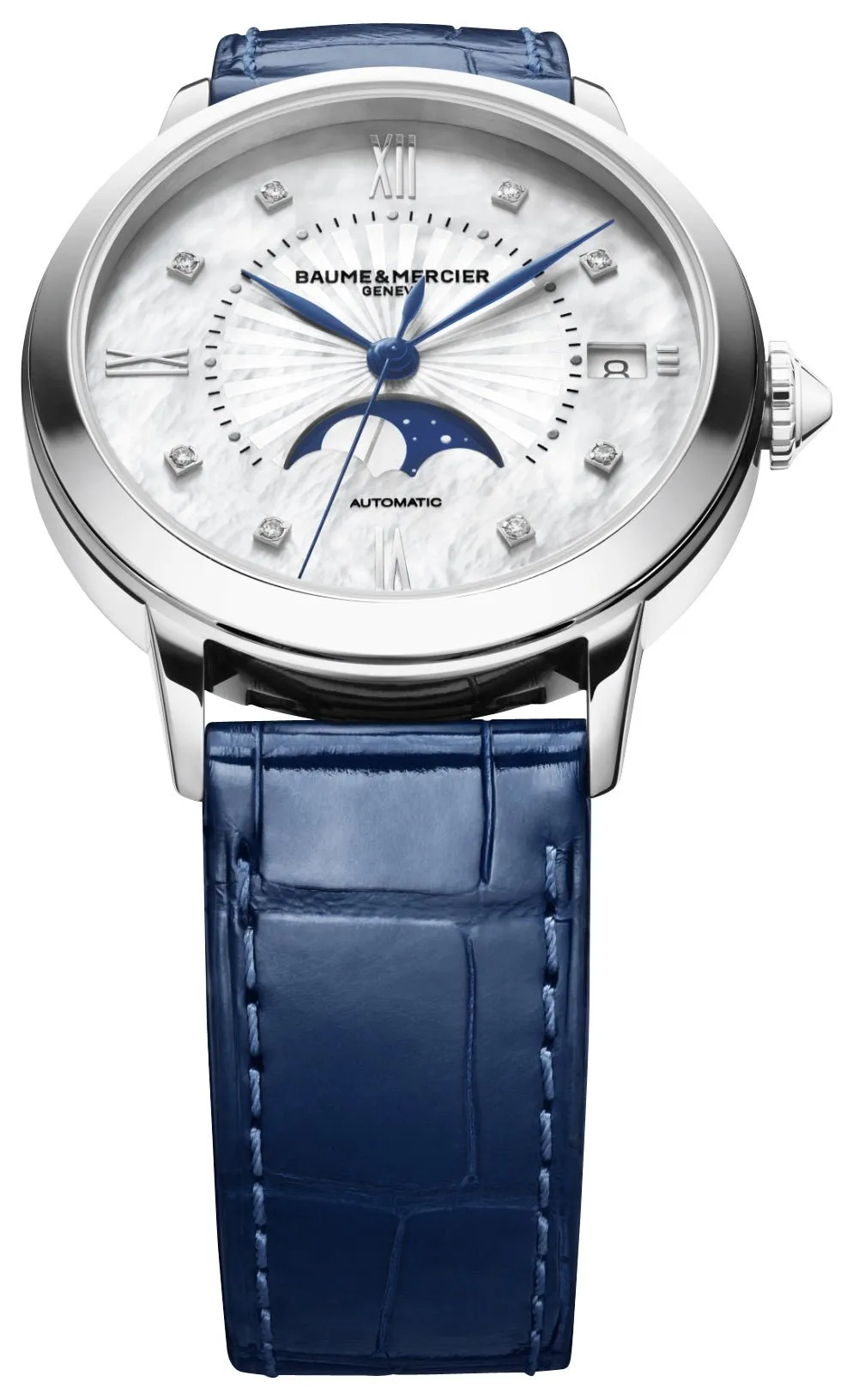 Baume & Mercier Classima Automatic Stainless Steel Mother-Of-Pearl Dial Diamonds Blue Leather Strap Moonphase Date Womens Watch M0A10633