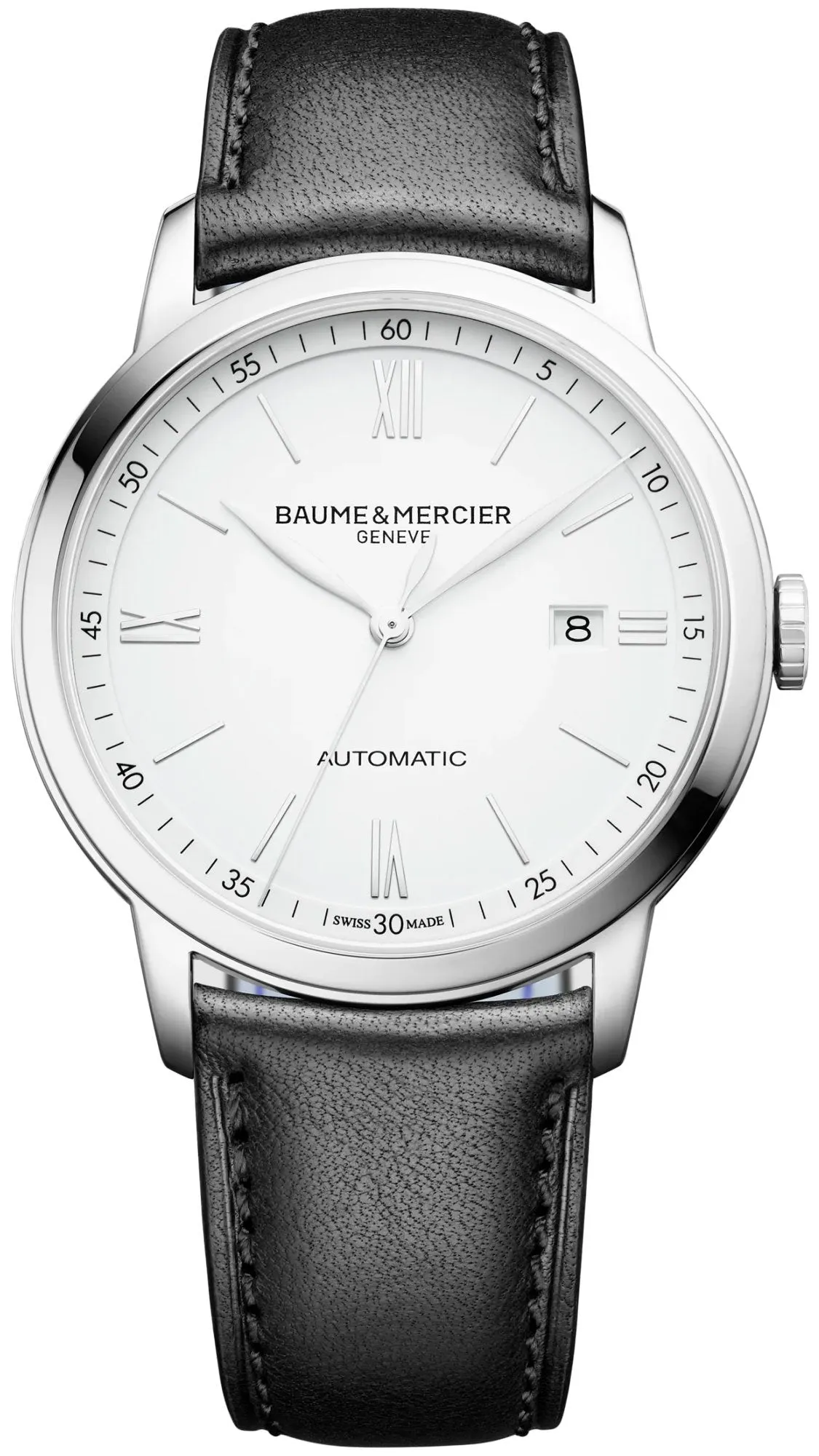 Baume & Mercier Classima Automatic White Dial Black Leather Strap Date Mens Watch MOA10332