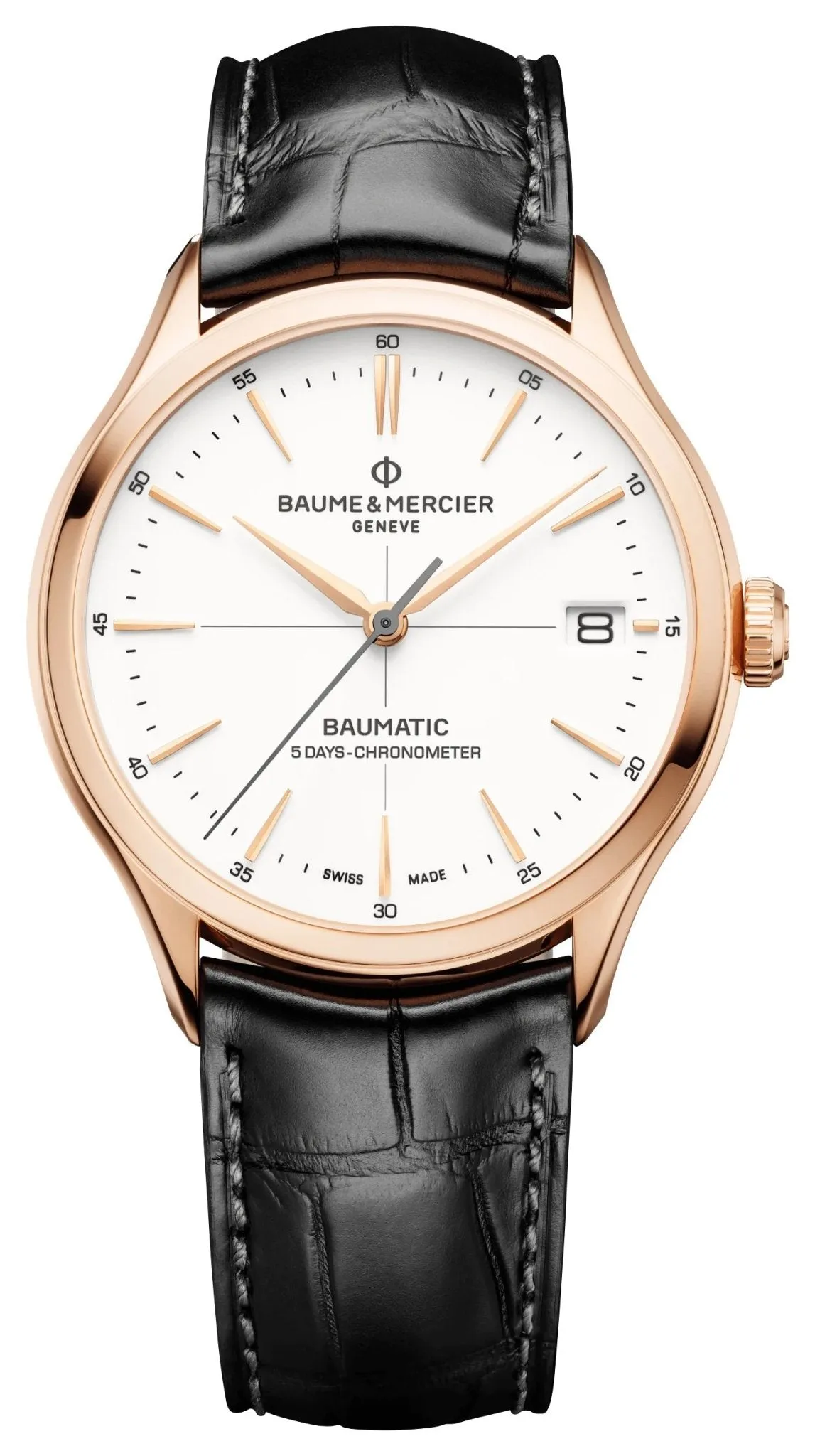 Baume & Mercier Clifton Baumatic COSC Automatic 18K Rose Gold White Dial Black Leather Strap Date Mens Watch M0A10469