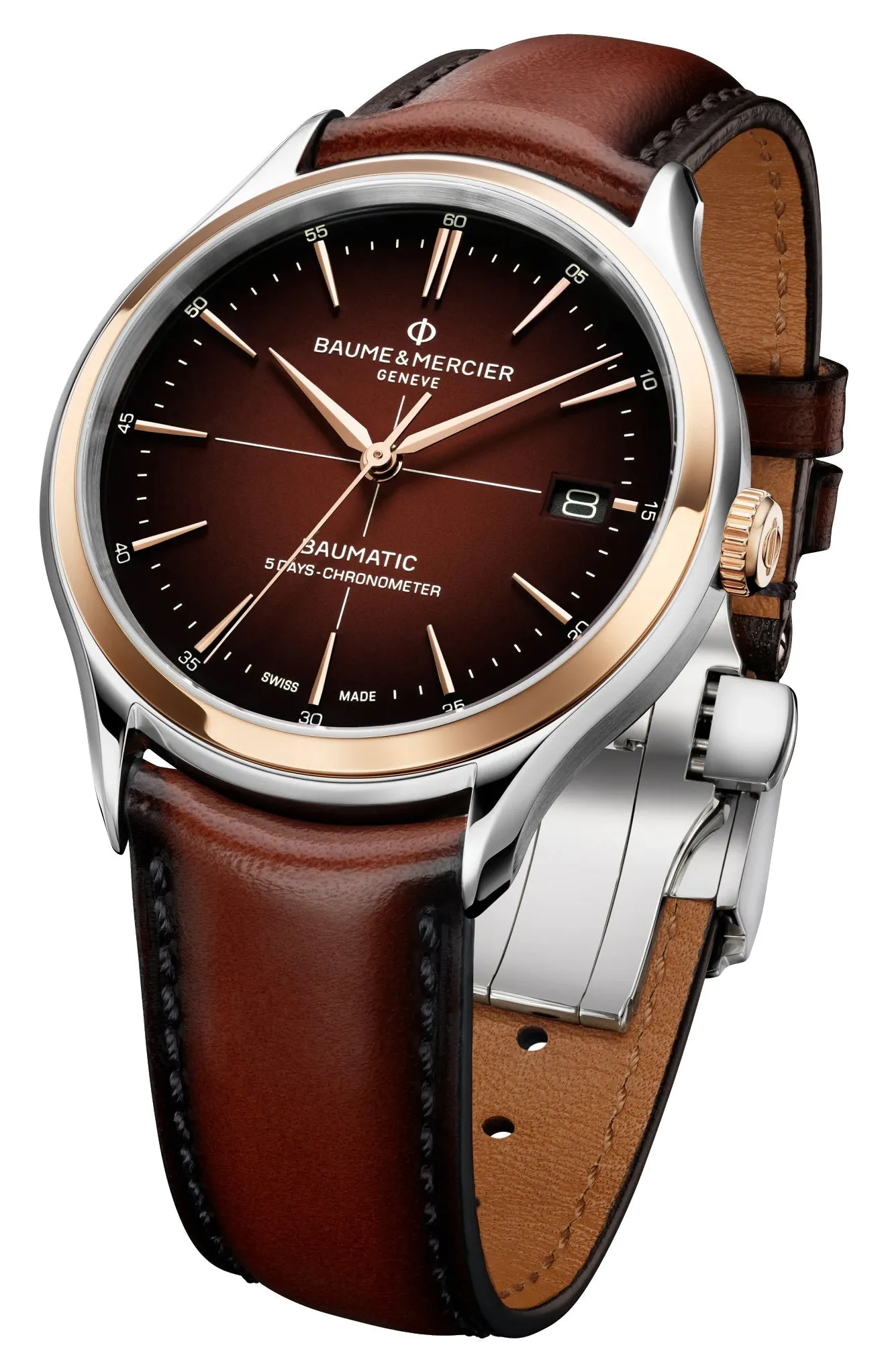 Baume & Mercier Clifton Baumatic COSC Automatic Stainless Steel & Rose Gold Brown Dial Brown Leather Strap Date Mens Watch M0A10713