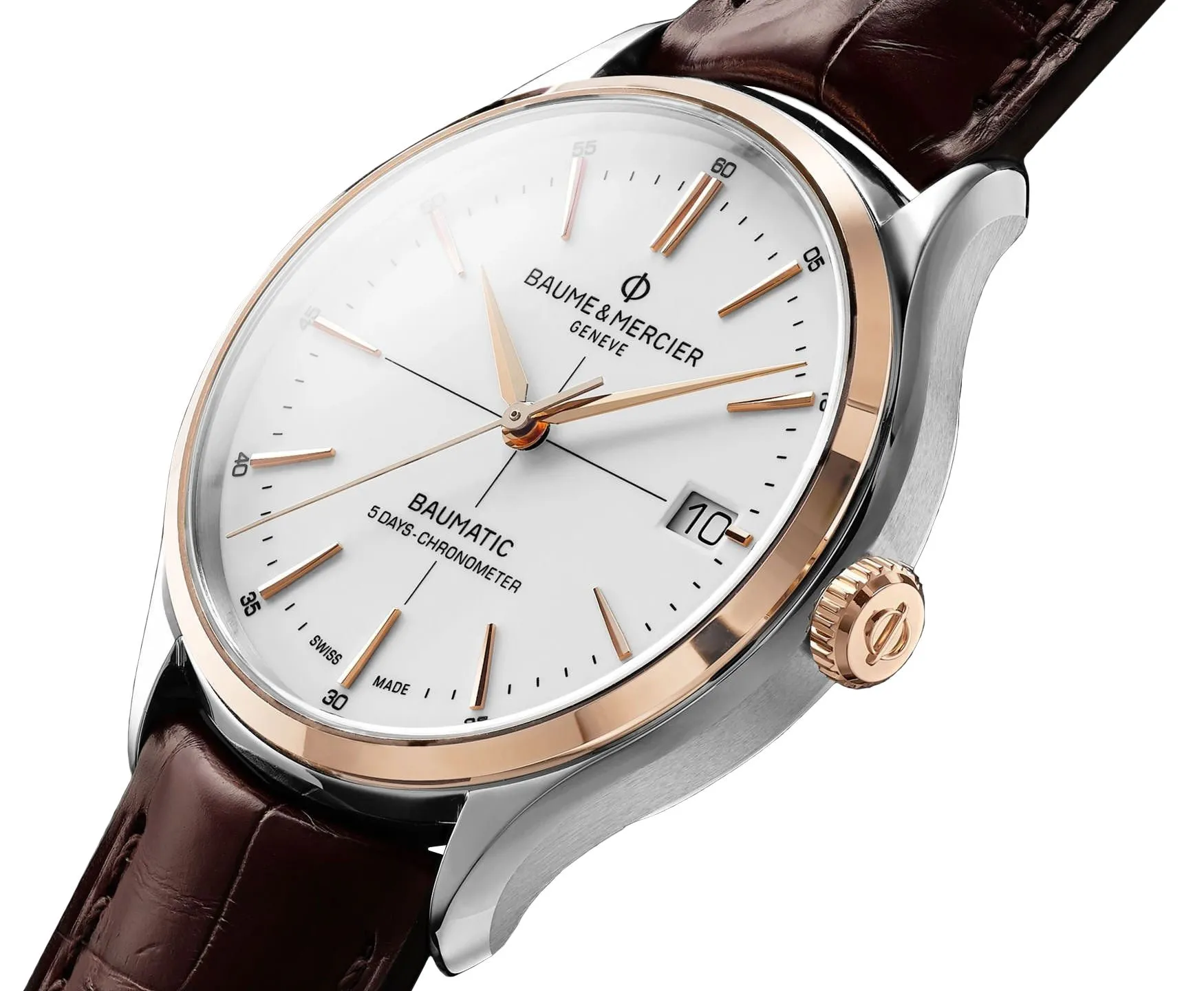 Baume & Mercier Clifton Baumatic COSC Automatic Stainless Steel & Rose Gold White Dial Brown Leather Strap Date Mens Watch M0A10519