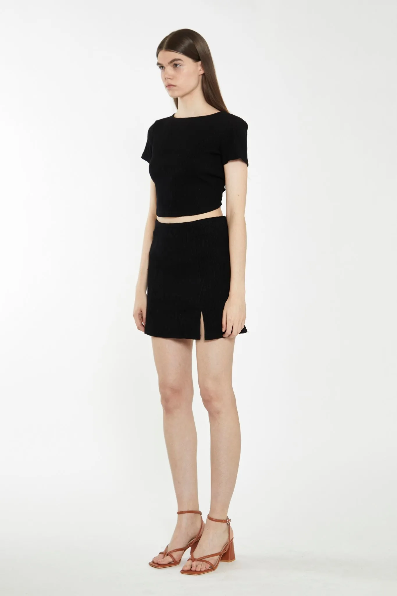 Black Rib Side Split Miniskirt