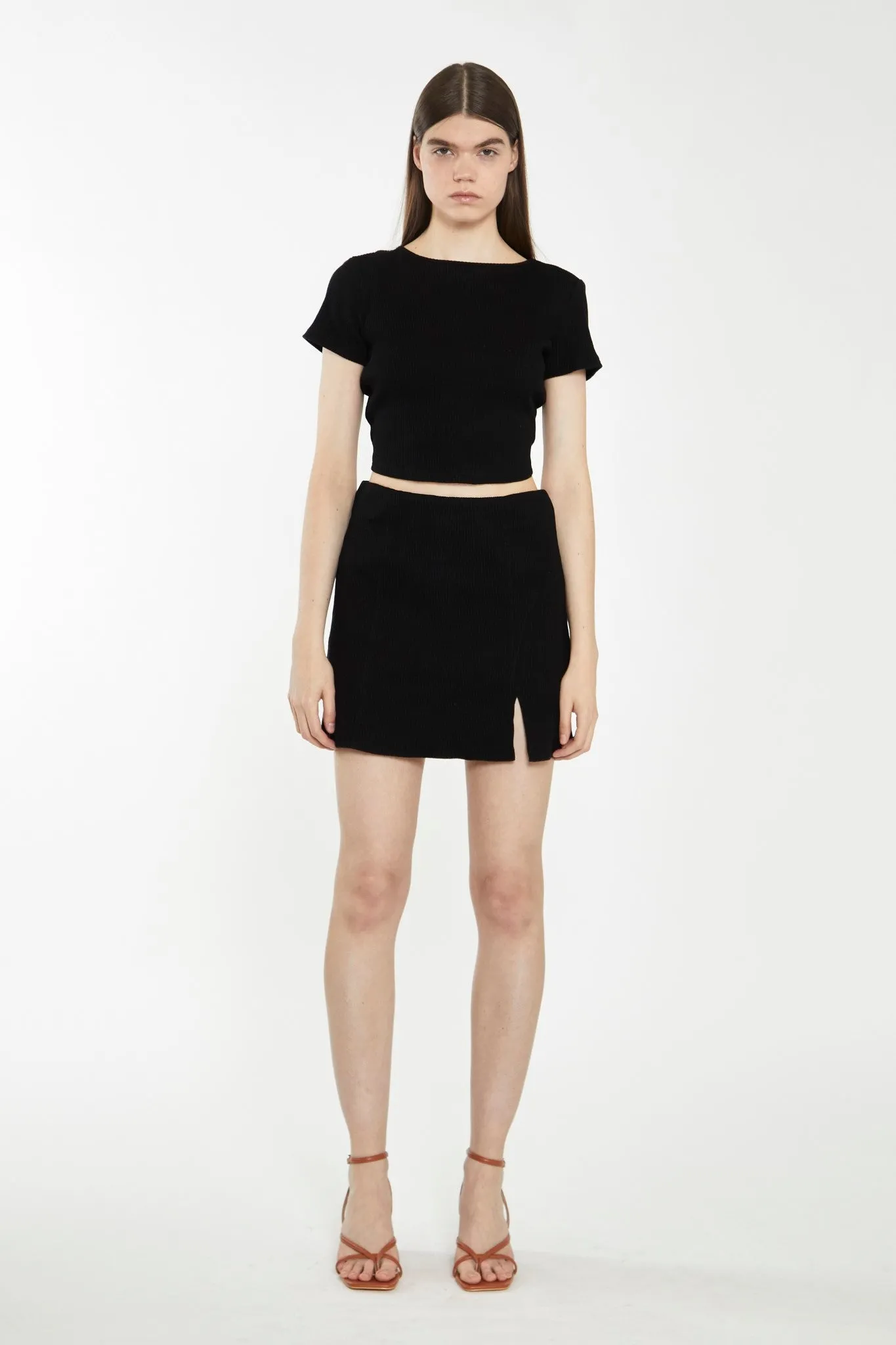 Black Rib Side Split Miniskirt