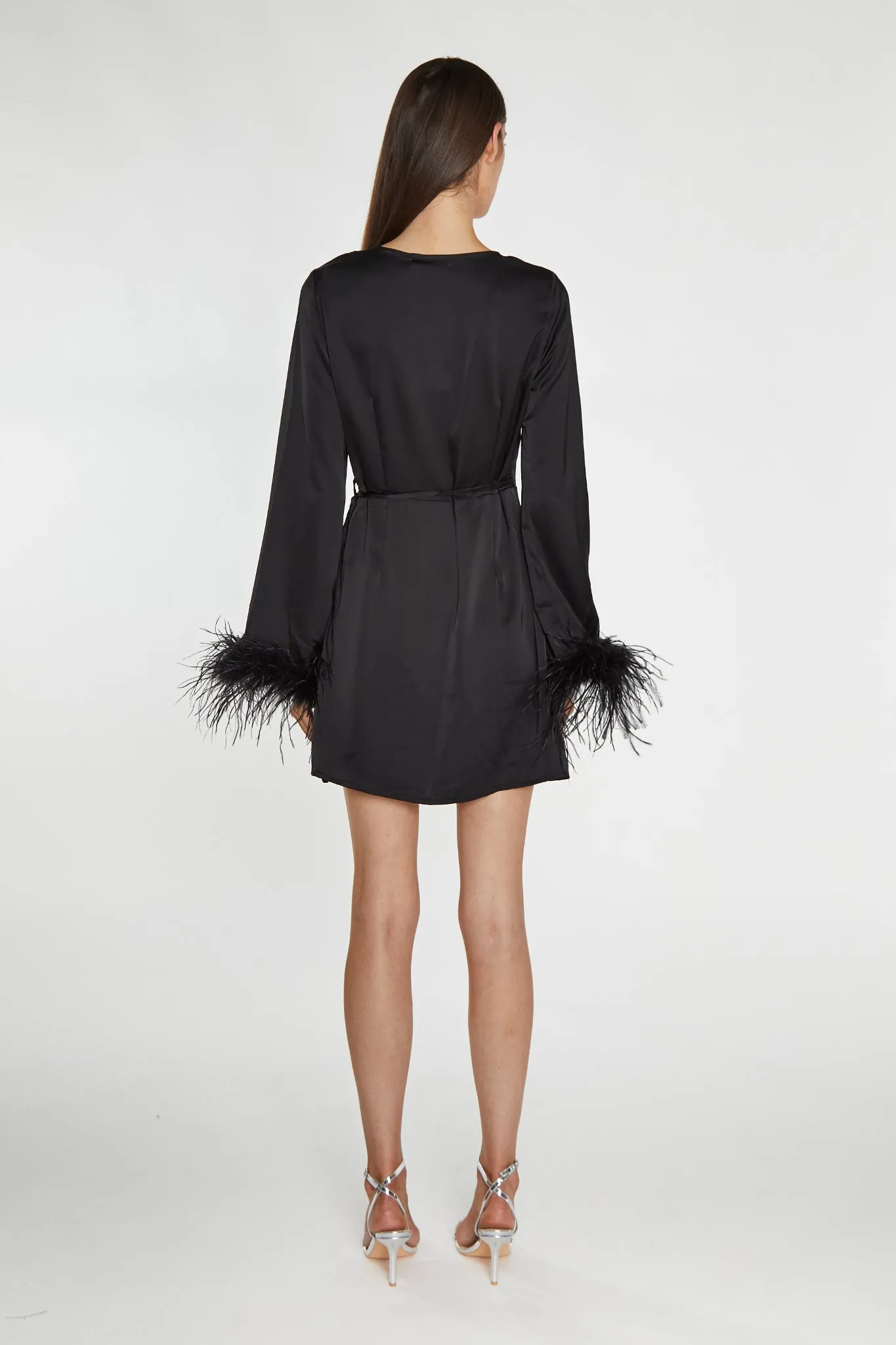 Black-Satin Feather Trim Wrap Mini-Dress