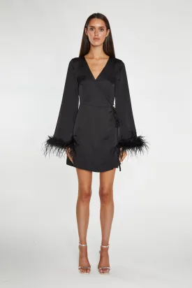 Black-Satin Feather Trim Wrap Mini-Dress