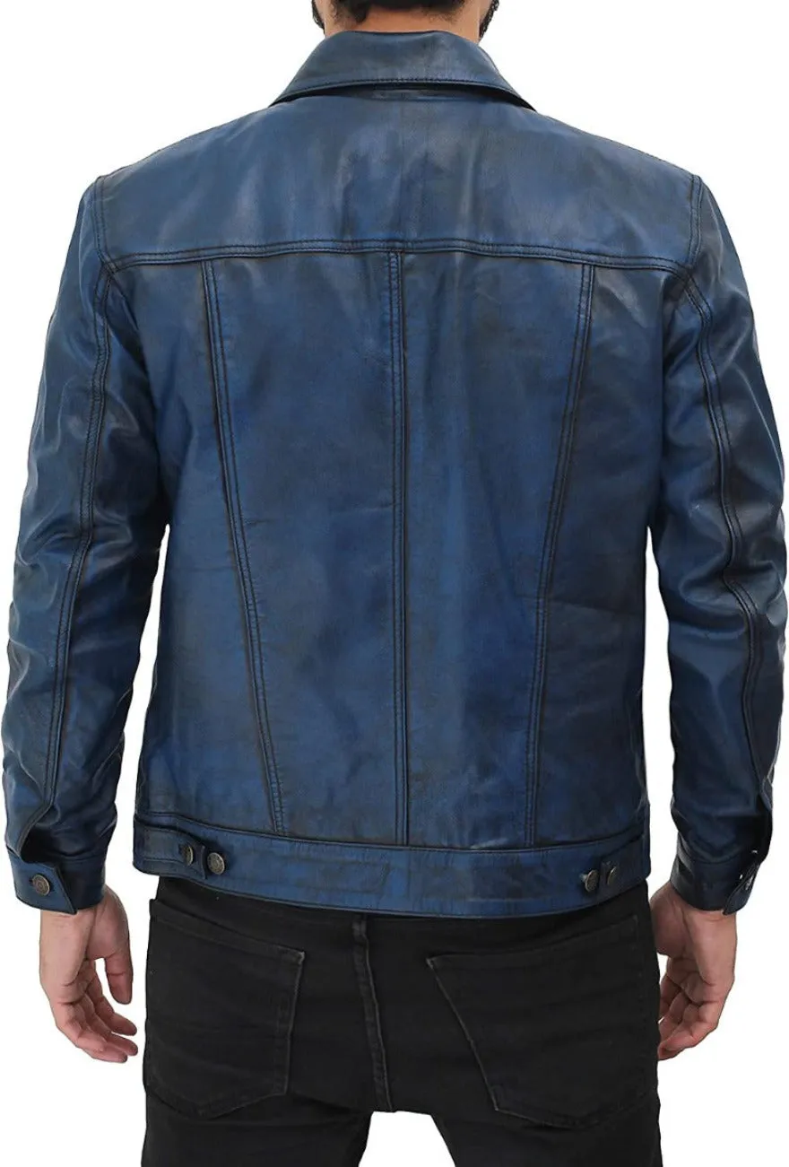 Blue Leather Trucker Jacket Genuine Nappa Sheepskin