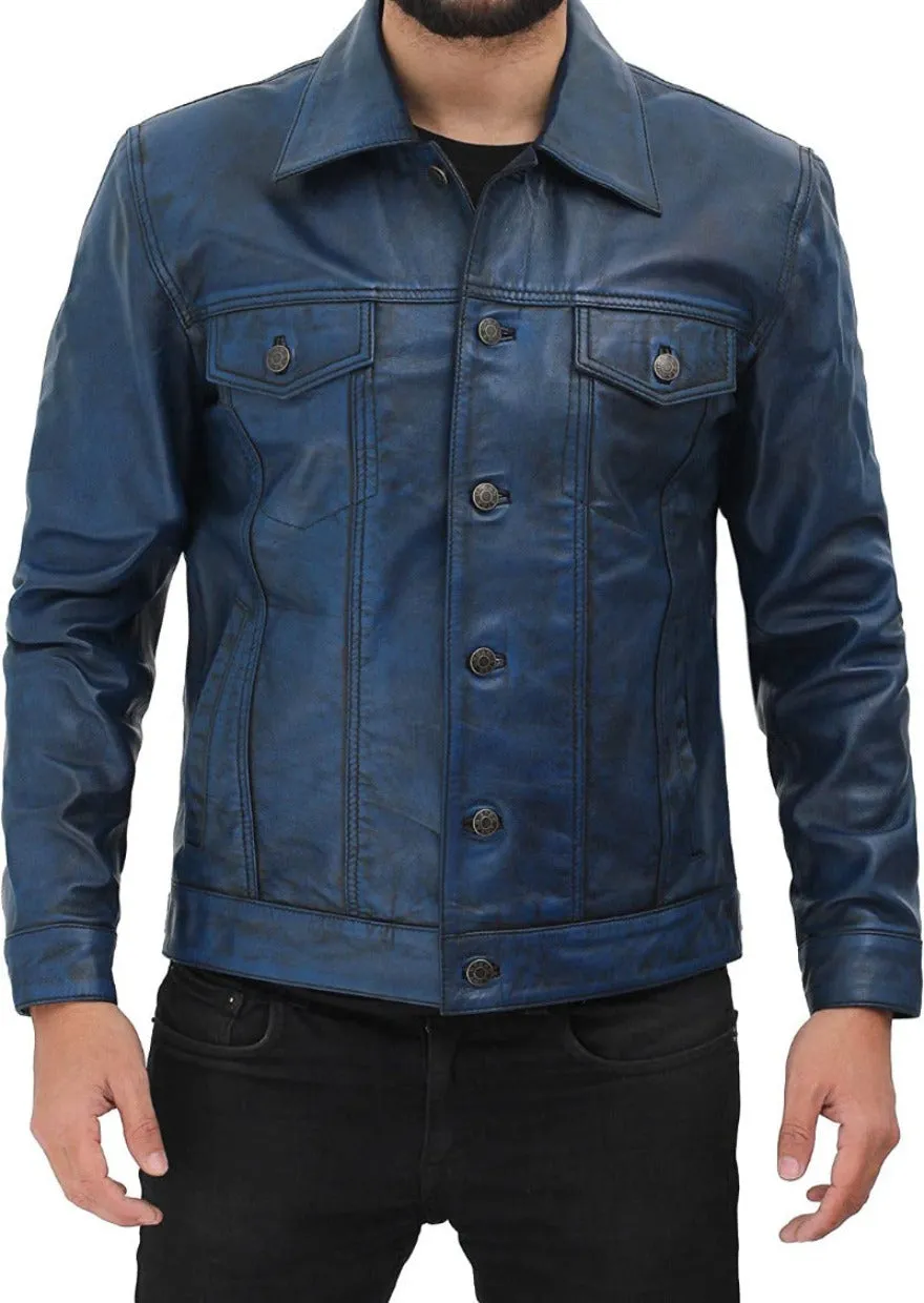 Blue Leather Trucker Jacket Genuine Nappa Sheepskin