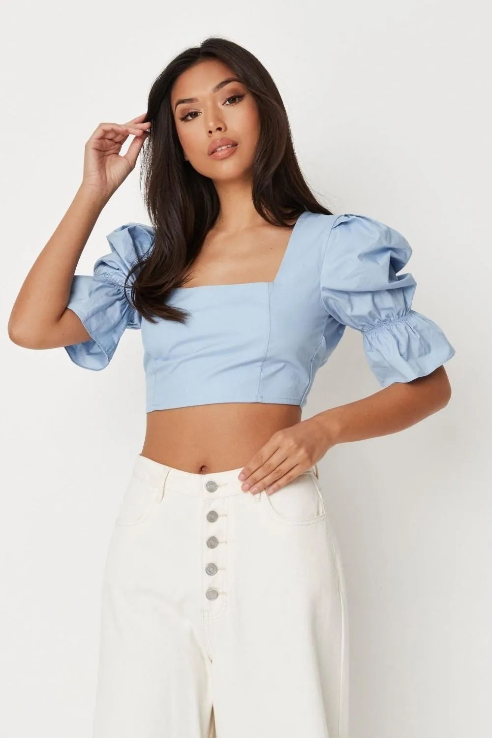 Blue Miilkmaid Sleeve Open Back Poplin Crop Top