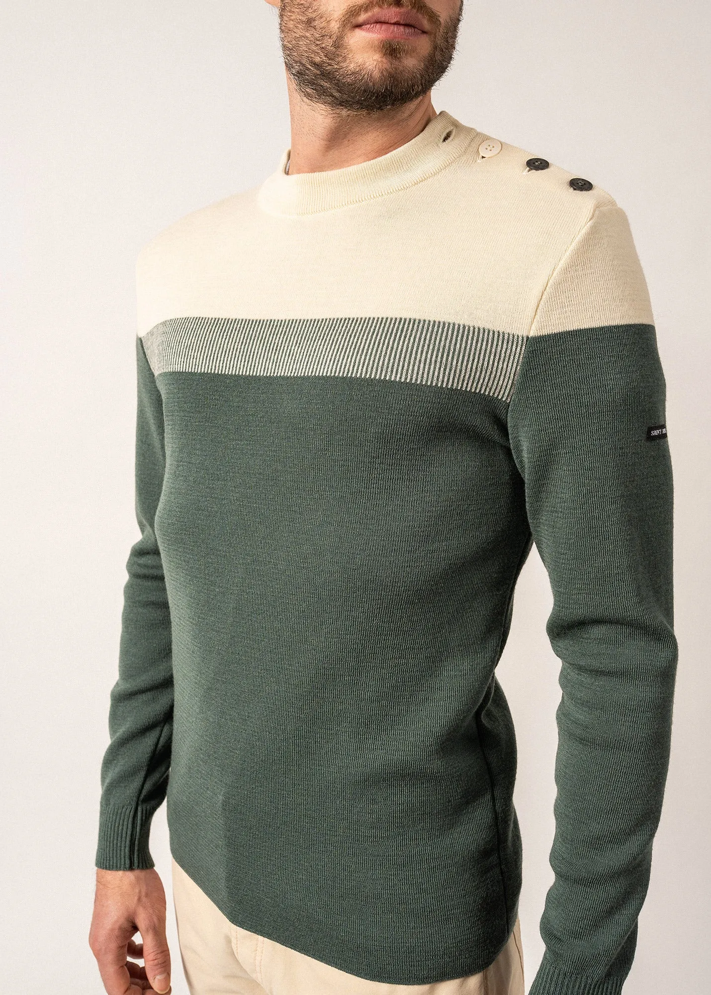 Bretagne sailor jumper - slim fit, in pure new wool (VEGETAL/ECRU)