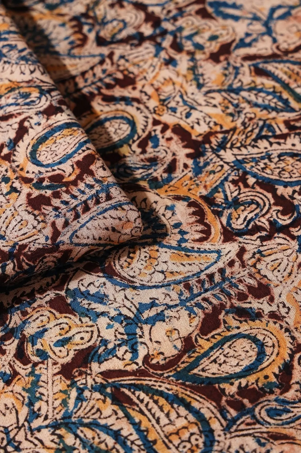 Brown And Beige Floral Pattern Handblock Kalamkari Organic Cotton Fabric