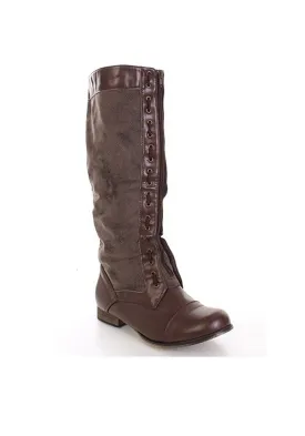 Brown Faux Distressed Leather Woven Trim Zipper Front Riding Boots