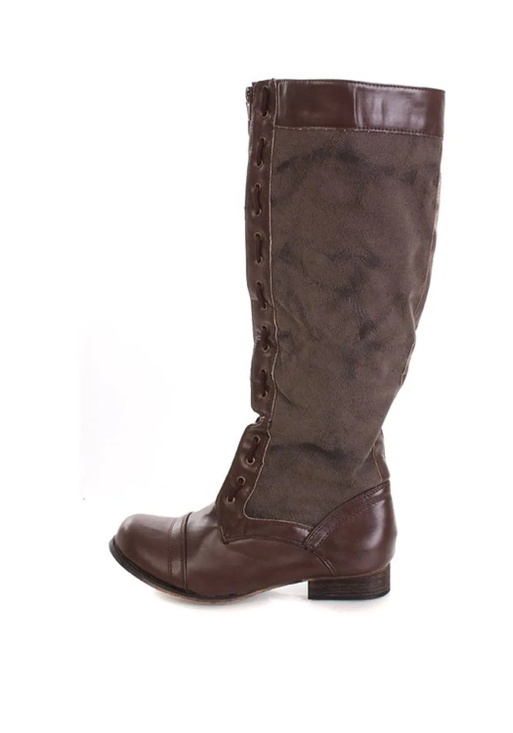 Brown Faux Distressed Leather Woven Trim Zipper Front Riding Boots