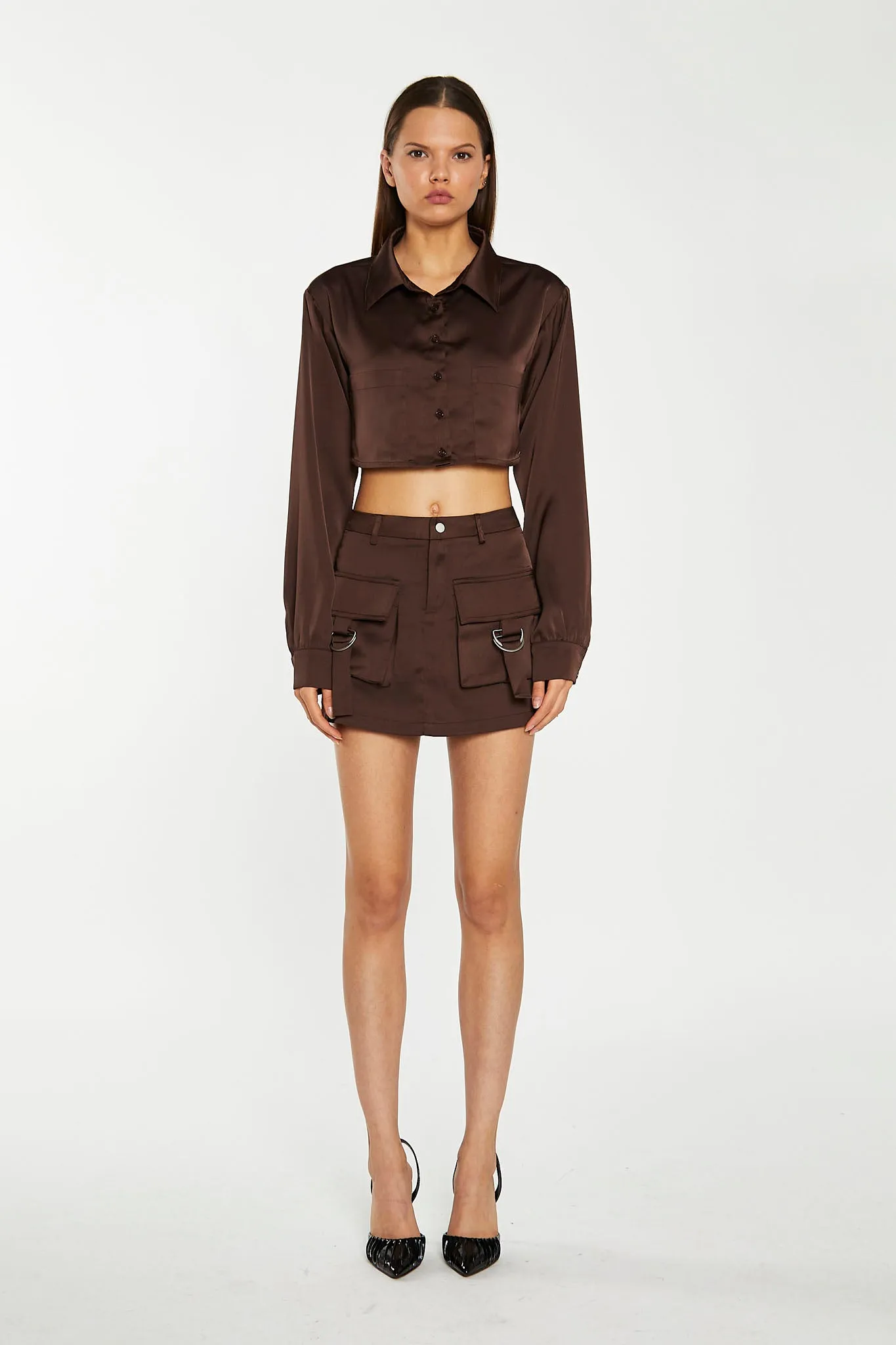 Brown Satin Cargo Mini-Skirt