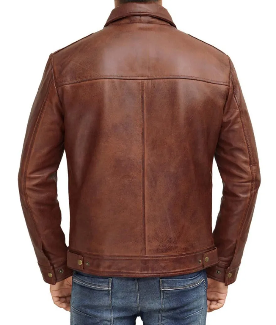 Brown Trucker Leather Jacket Genuine Nappa Sheepskin