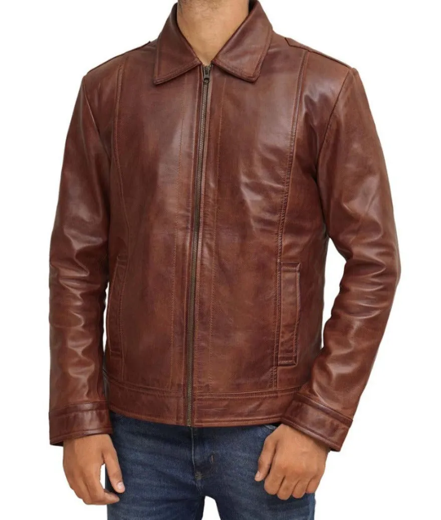 Brown Trucker Leather Jacket Genuine Nappa Sheepskin