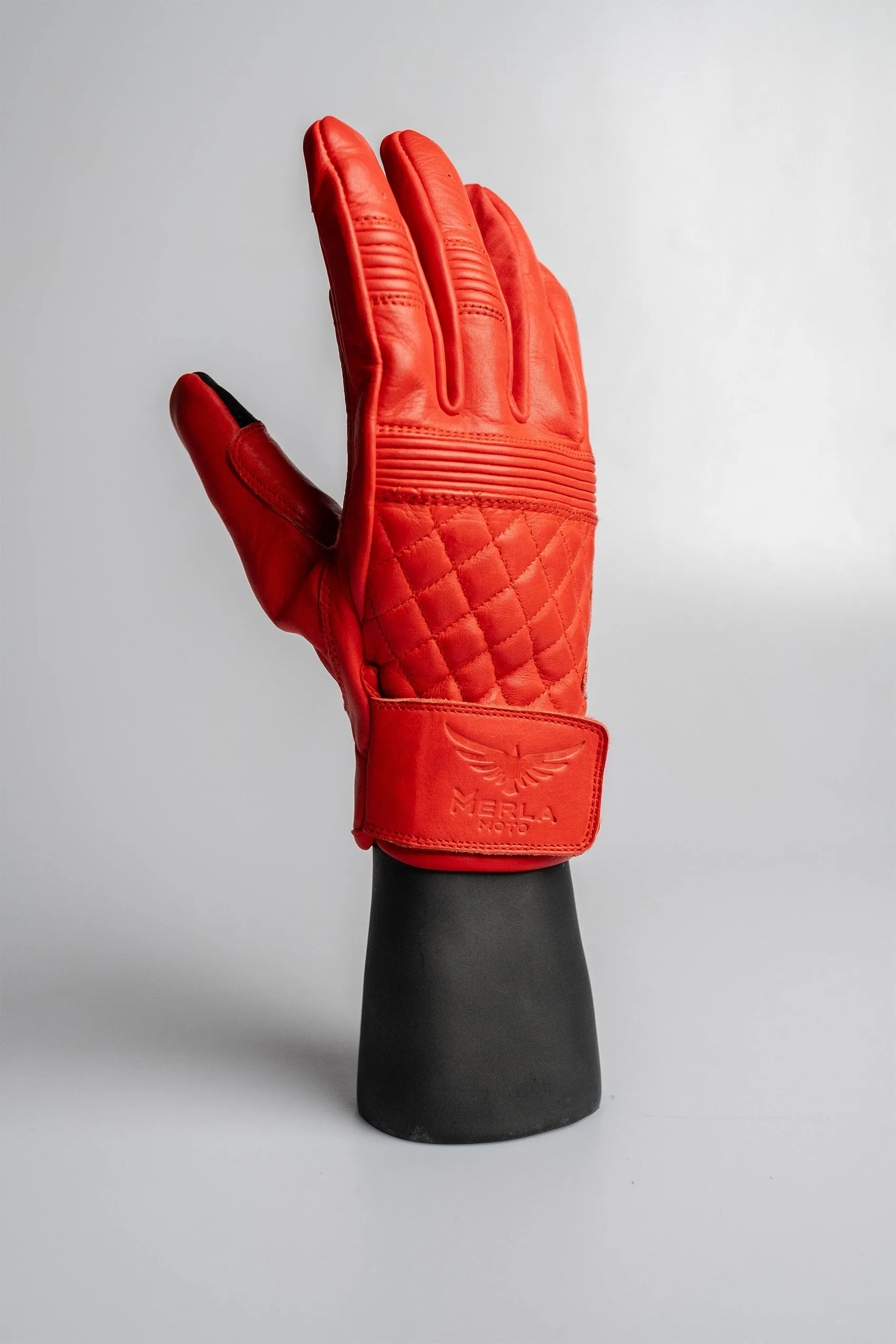 Cafe Quilted Leather Motorcycle Gloves - Red