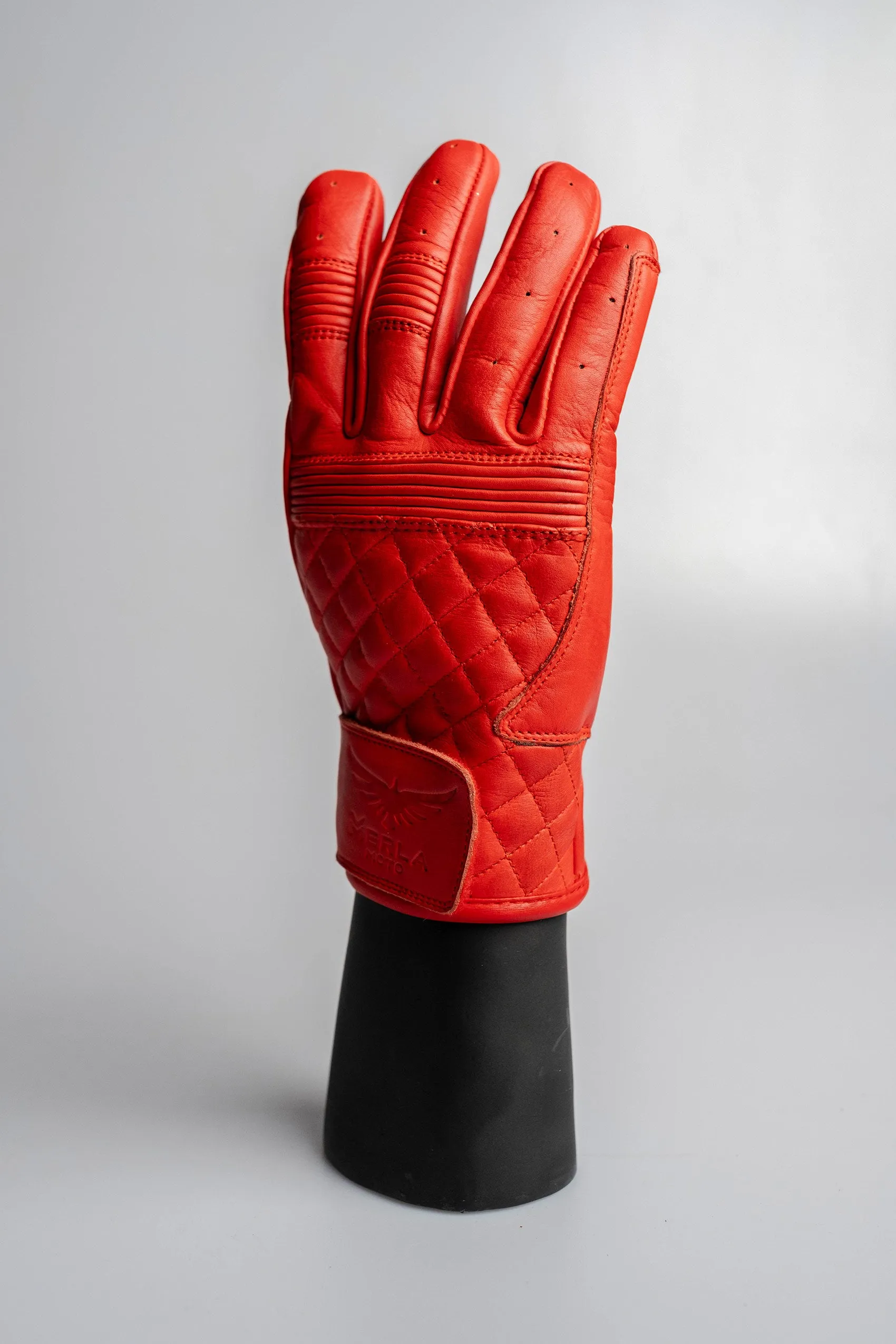 Cafe Quilted Leather Motorcycle Gloves - Red