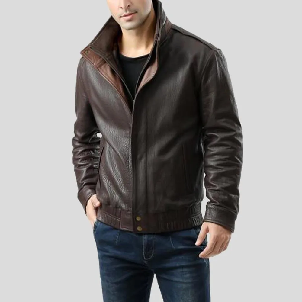 Chek Brown Bomber Leather Jacket