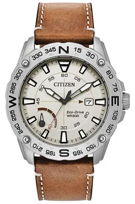 Citizen Matte Stainless Steel Cream Dial Tan Leather Strap Quartz Eco-Drive Date Mens Watch AW7040-02A