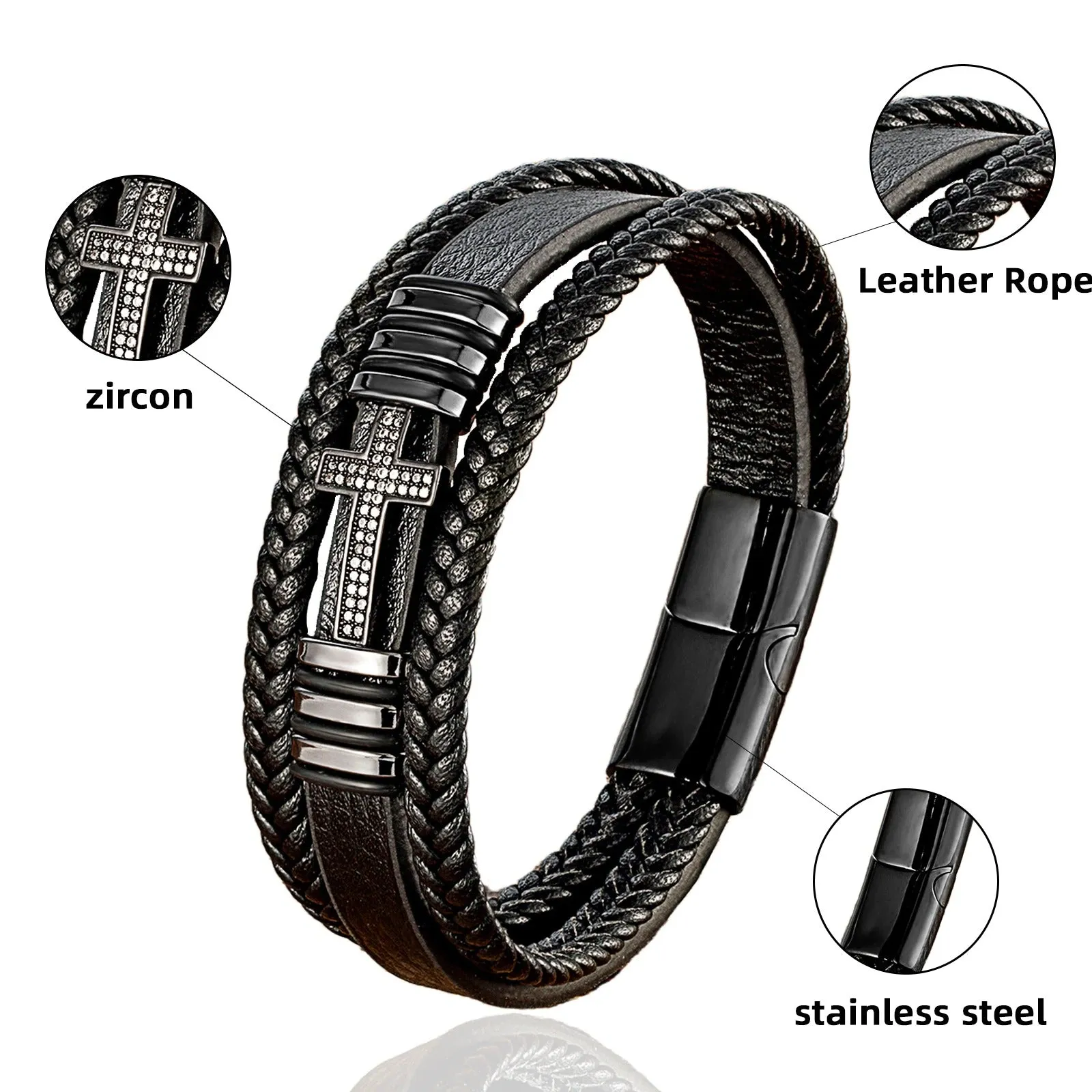 Cross Crucifix  Mens Leather Bracelet