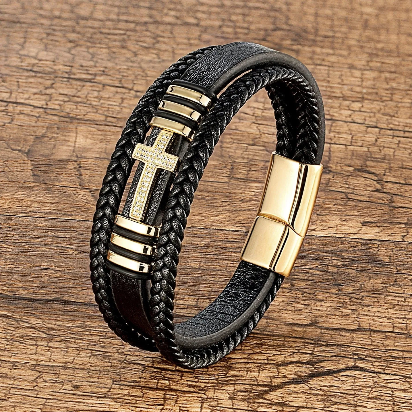 Cross Crucifix  Mens Leather Bracelet