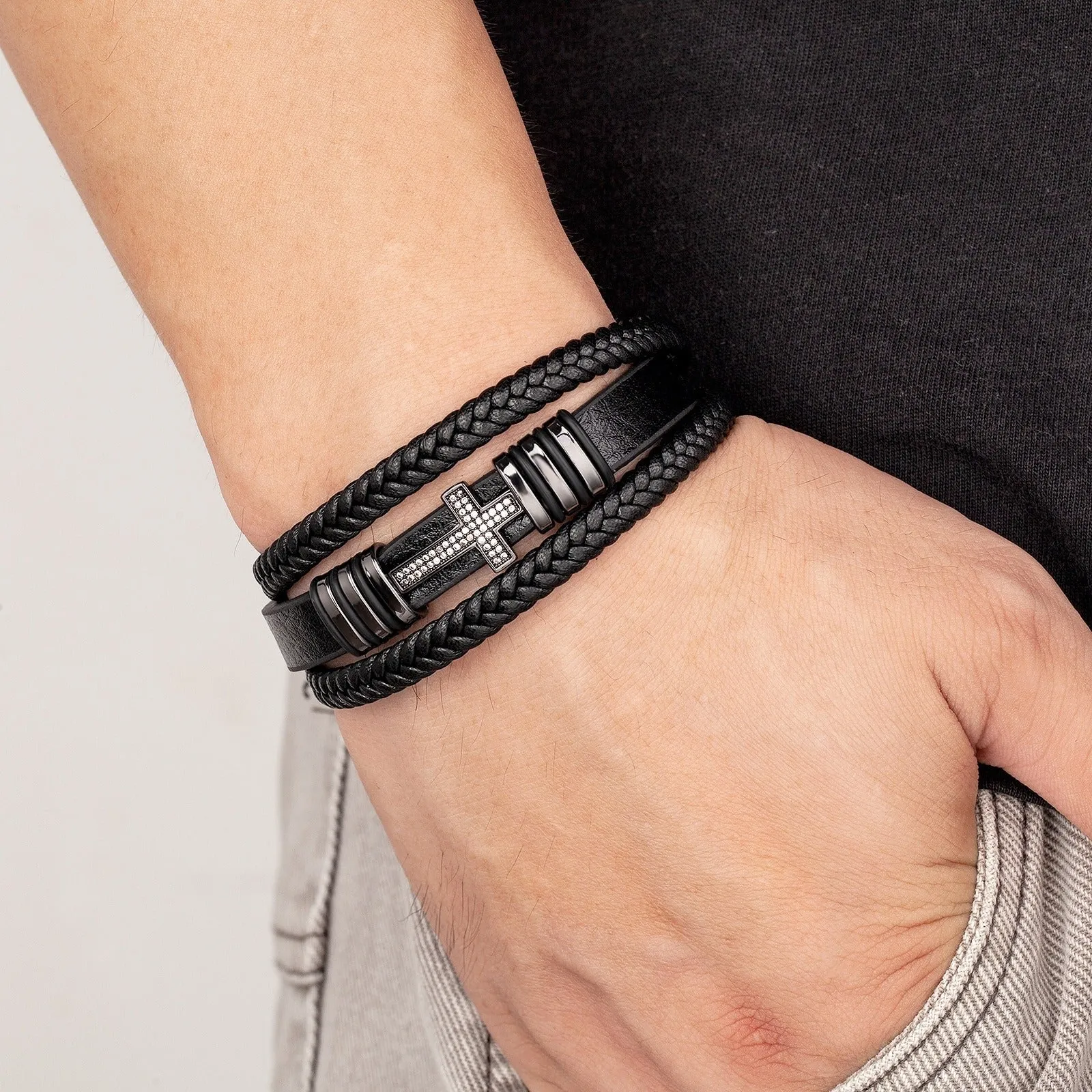 Cross Crucifix  Mens Leather Bracelet