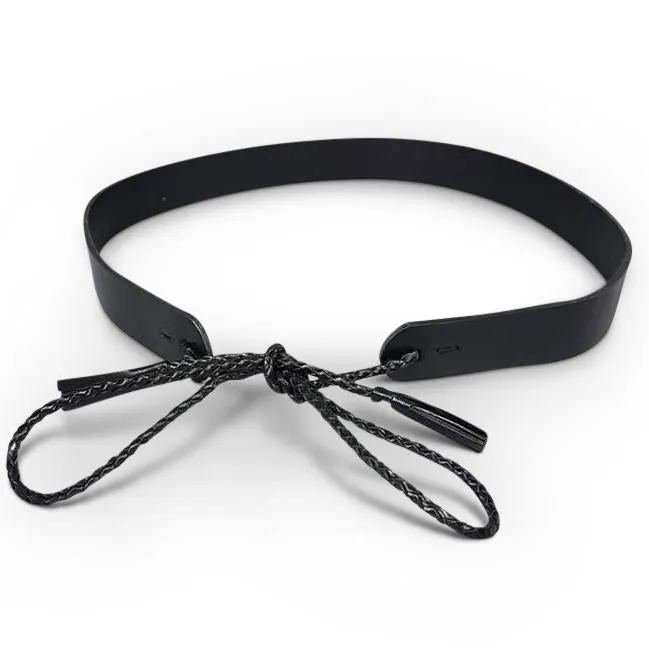 Darlinghurst | Black Slim Leather Waist Belt with Braided tie