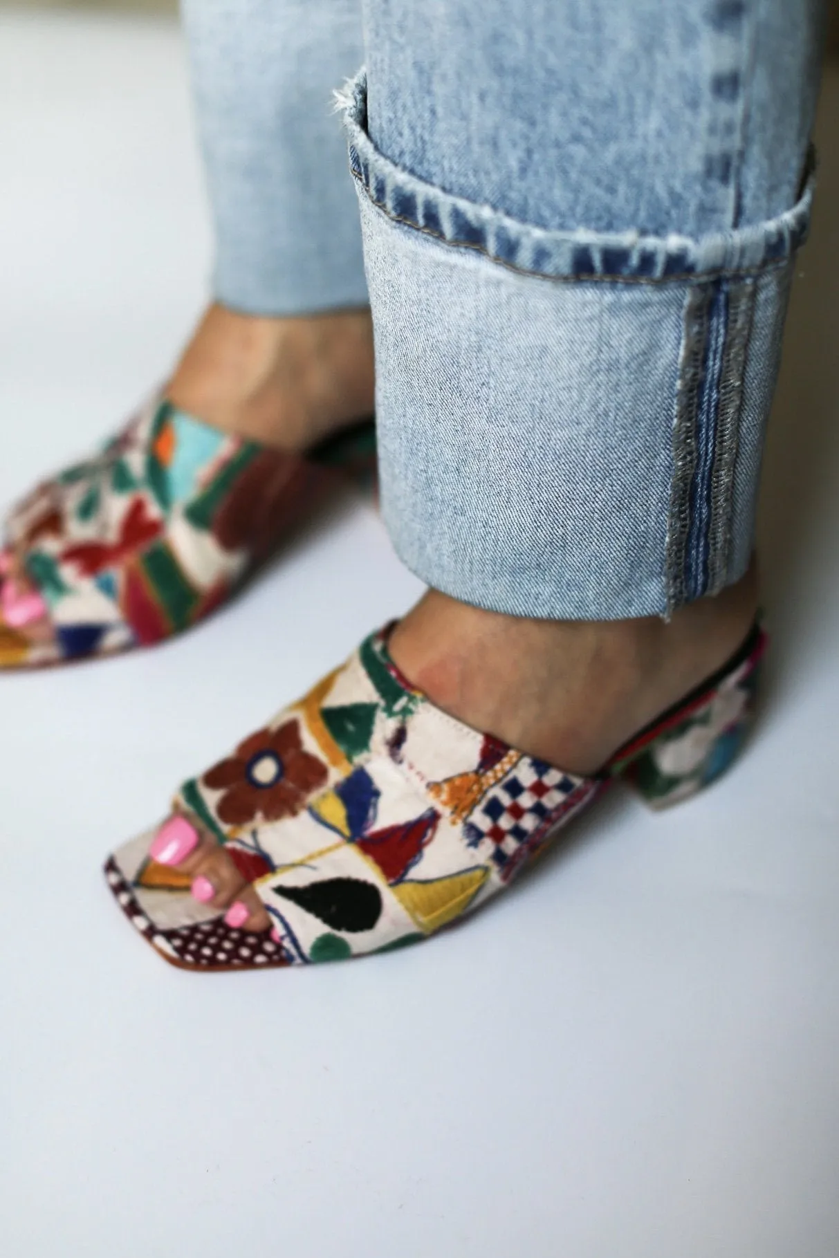 EMBROIDERED PATCHWORK SANDAL MULES LULU