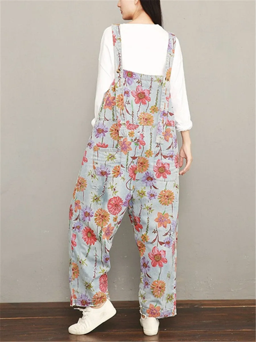 Fashion Casual Printed Loose Denim Jumpsuits