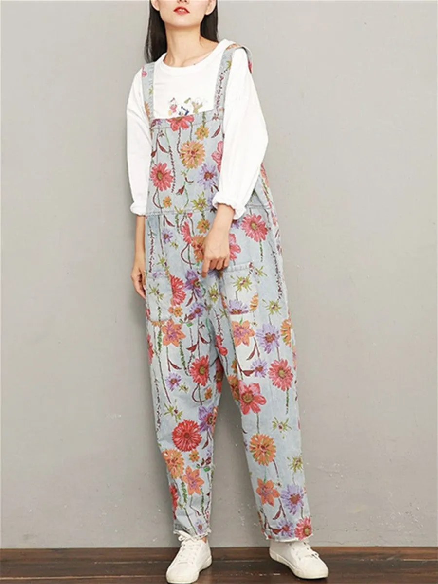 Fashion Casual Printed Loose Denim Jumpsuits