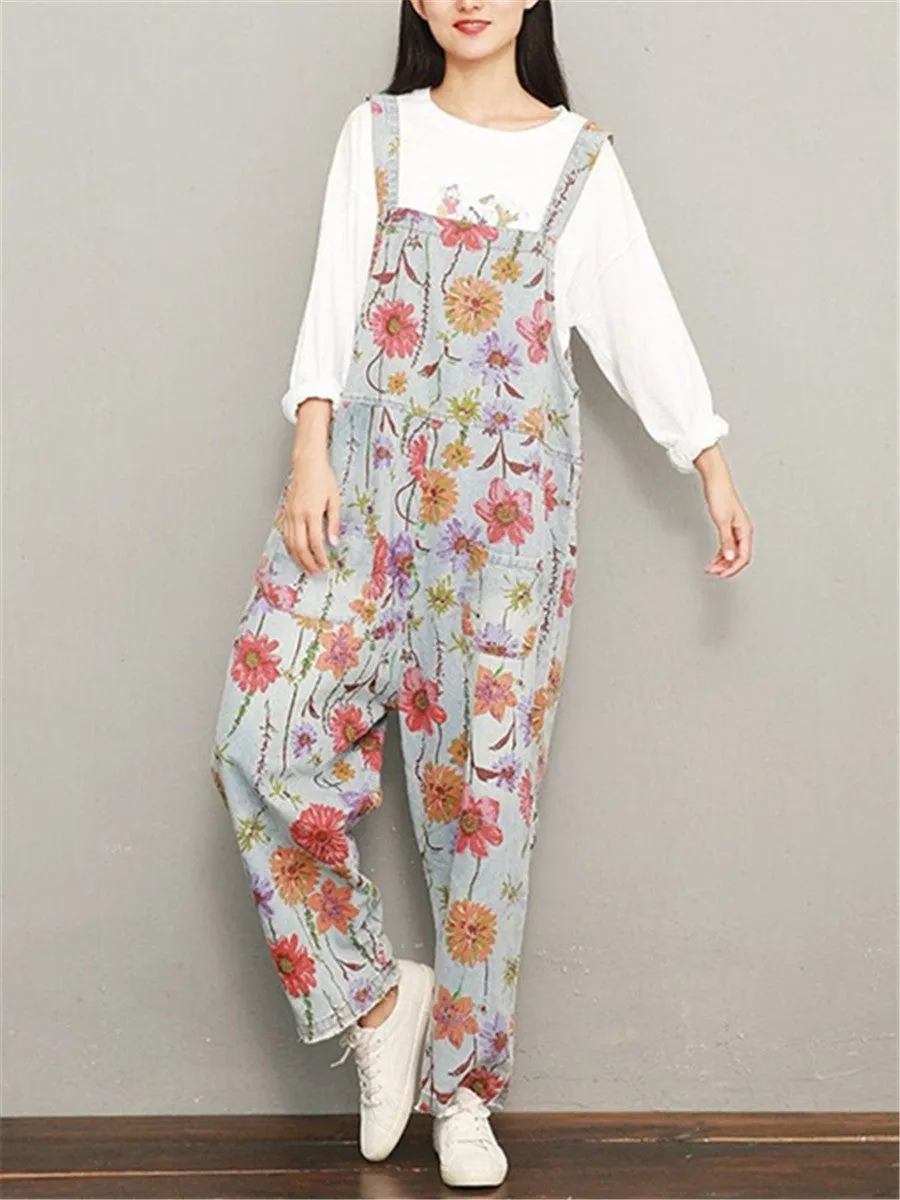 Fashion Casual Printed Loose Denim Jumpsuits