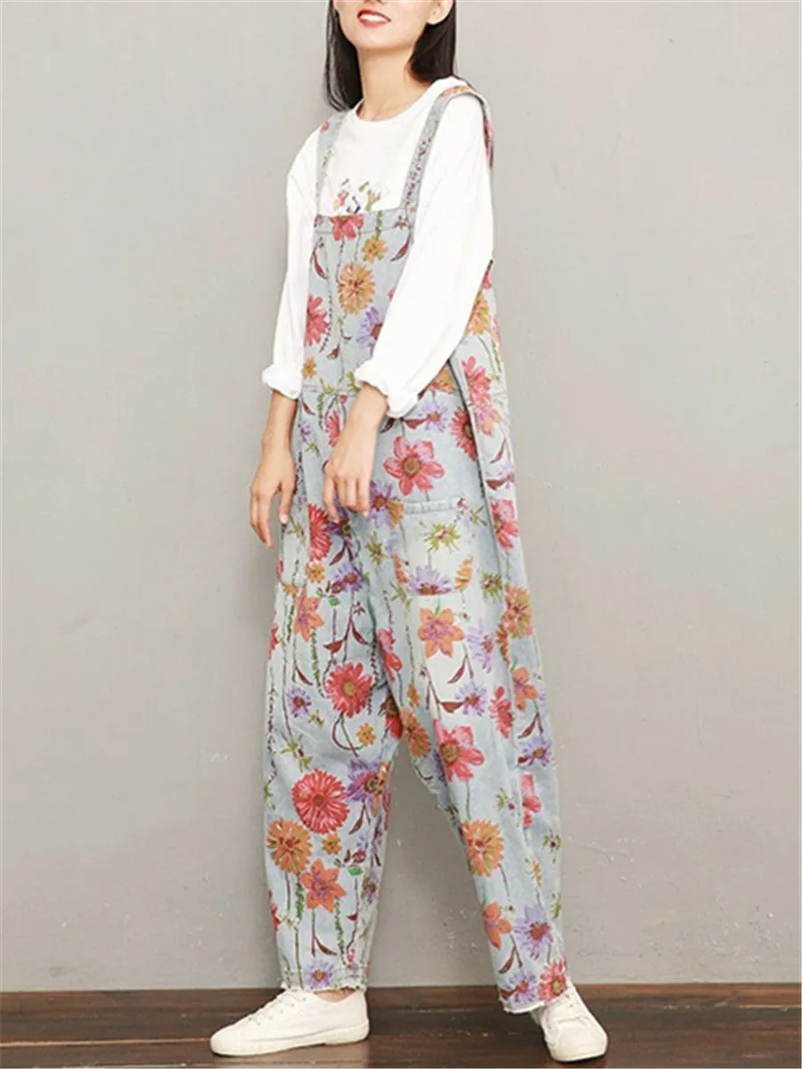 Fashion Casual Printed Loose Denim Jumpsuits